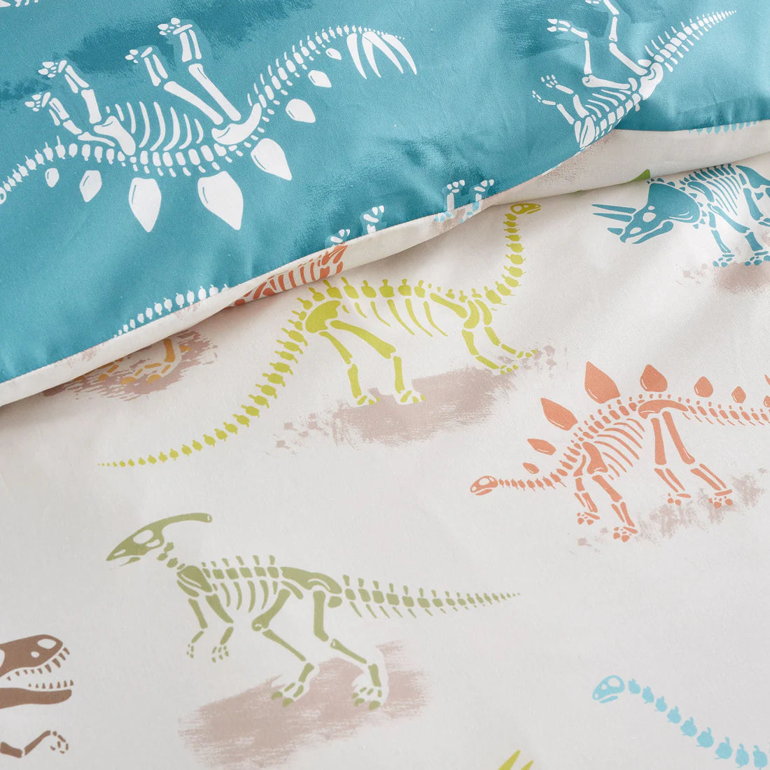 Bedlam Skeleton Dino kids duvet cover set with colourful dinosaur reversible bedding design