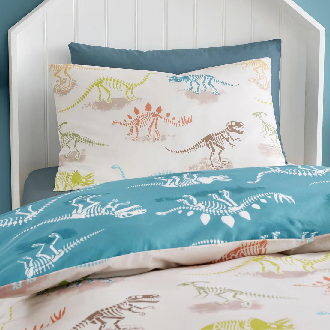 Bedlam Skeleton Dino kids duvet cover set with colourful dinosaur reversible bedding design