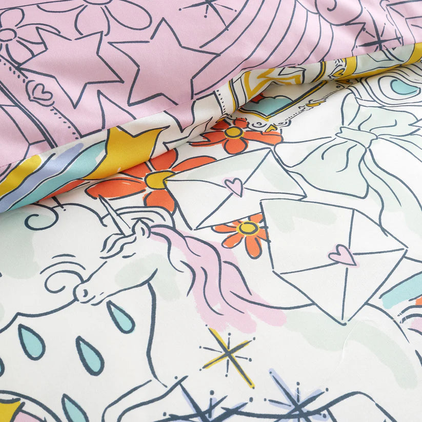 Bedlam Doodle Hobby kids duvet cover set with colourful doodles rainbows and reversible bedding design