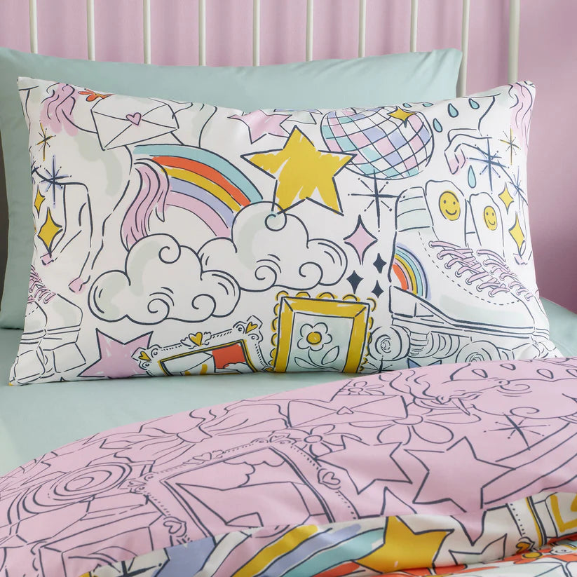Bedlam Doodle Hobby kids duvet cover set with colourful doodles rainbows and reversible bedding design