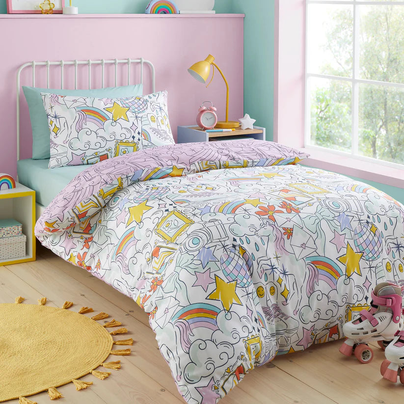 Bedlam Doodle Hobby kids duvet cover set with colourful doodles rainbows and reversible bedding design