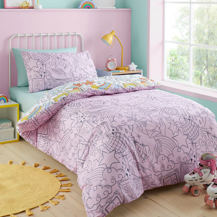 Bedlam Doodle Hobby kids duvet cover set with colourful doodles rainbows and reversible bedding design