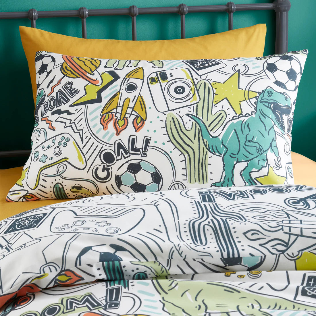 Bedlam Doodle Zoom kids duvet cover set with colourful sports stars and space doodle reversible bedding
