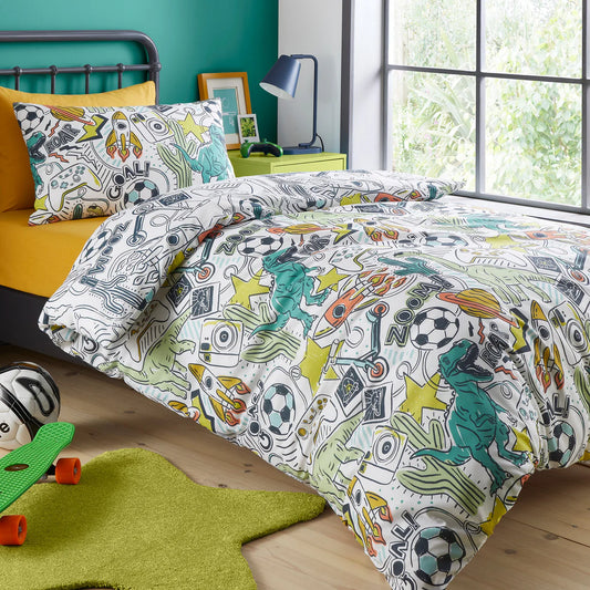 Bedlam Doodle Zoom kids duvet cover set with colourful sports stars and space doodle reversible bedding