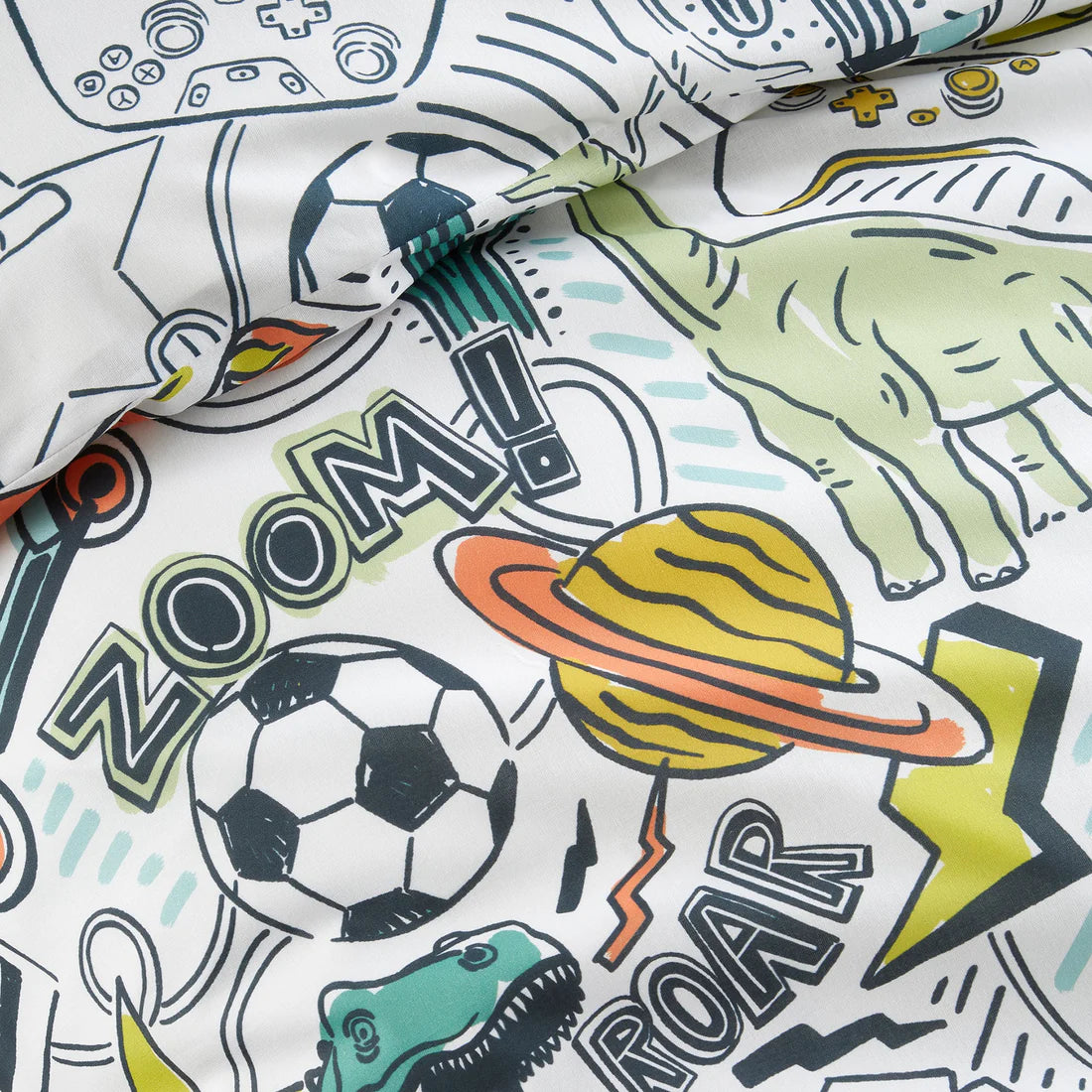Bedlam Doodle Zoom kids duvet cover set with colourful sports stars and space doodle reversible bedding