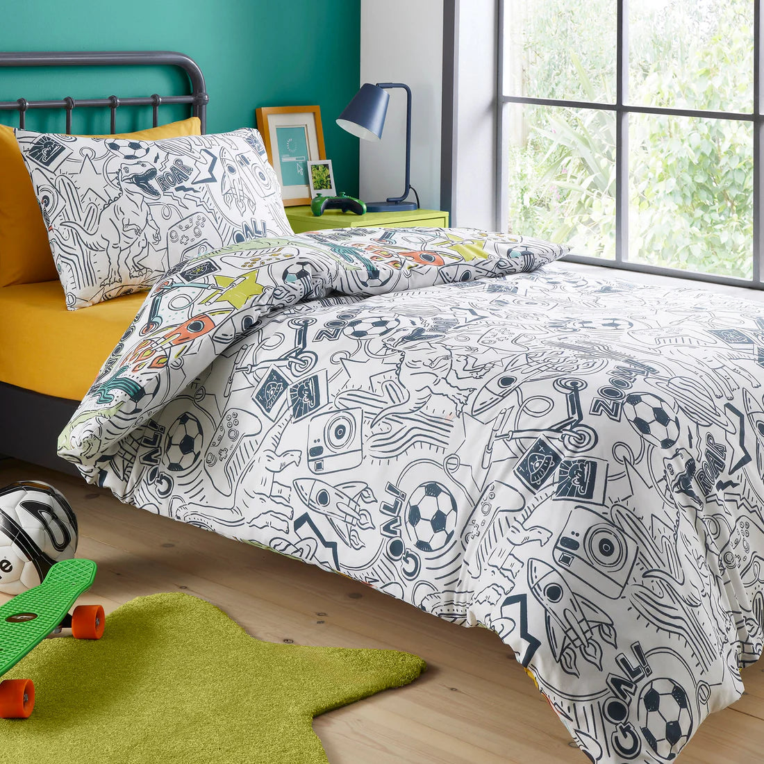 Bedlam Doodle Zoom kids duvet cover set with colourful sports stars and space doodle reversible bedding