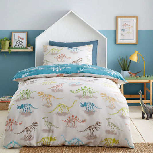 Bedlam Skeleton Dino kids duvet cover set with colourful dinosaur reversible bedding design