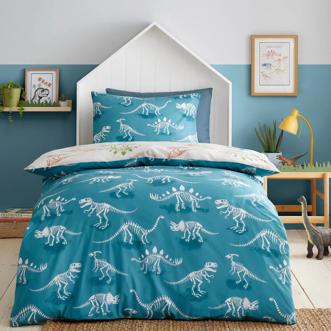 Bedlam Skeleton Dino kids duvet cover set with colourful dinosaur reversible bedding design