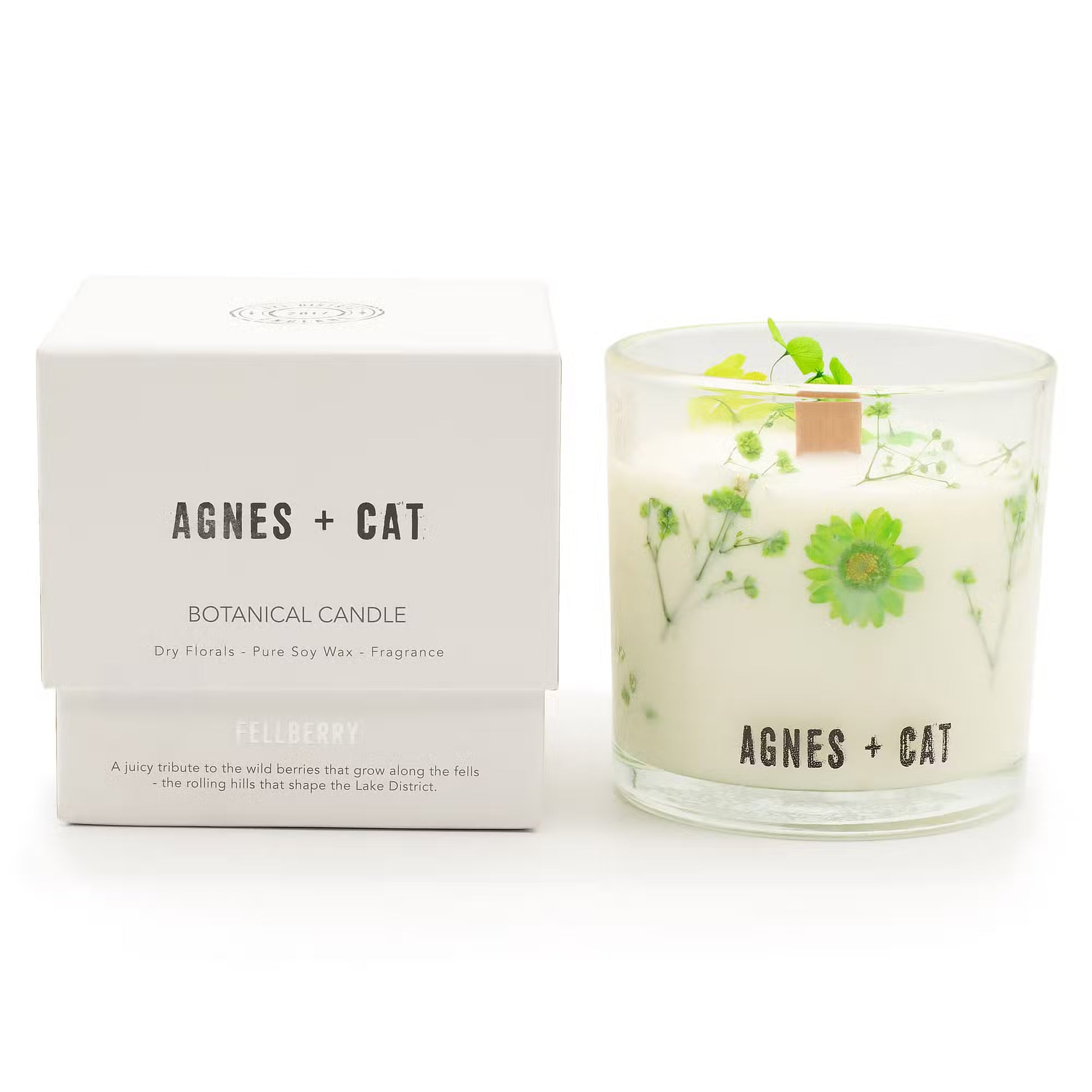 Agnes and Cat Fellberry botanical soy wax candle with sweet berry fragrance and dried florals