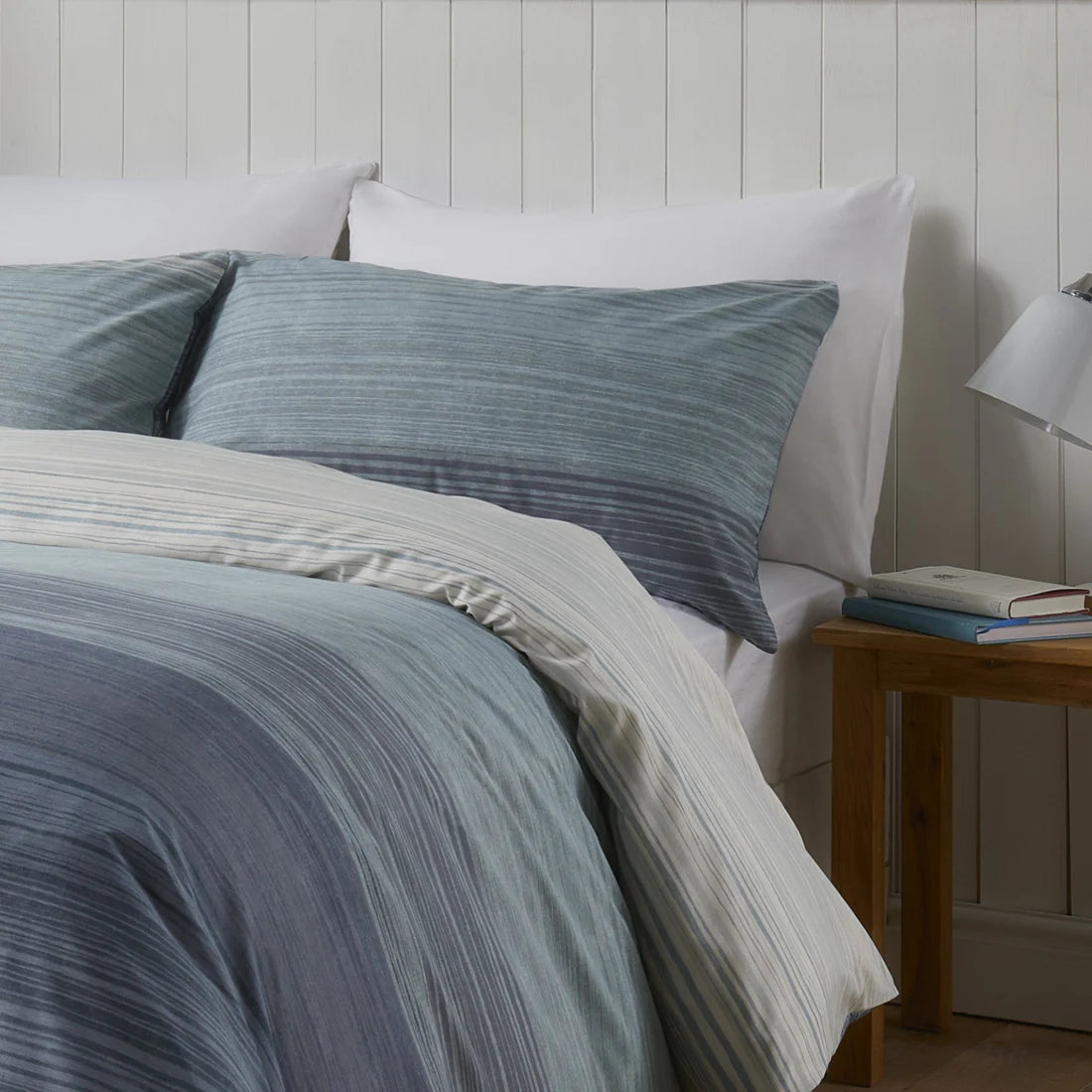 Fusion Fairhaven duvet cover set in blue featuring contemporary ombre stripe design and soft polycotton fabric