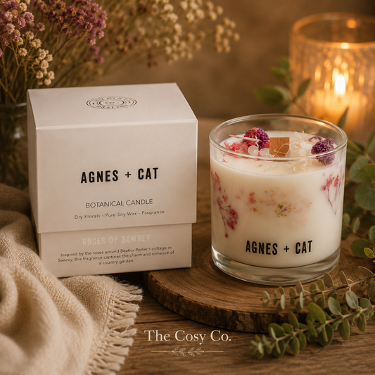 Agnes and Cat Roses of Sawrey botanical soy wax candle with dried floral details and countryside-inspired fragrance