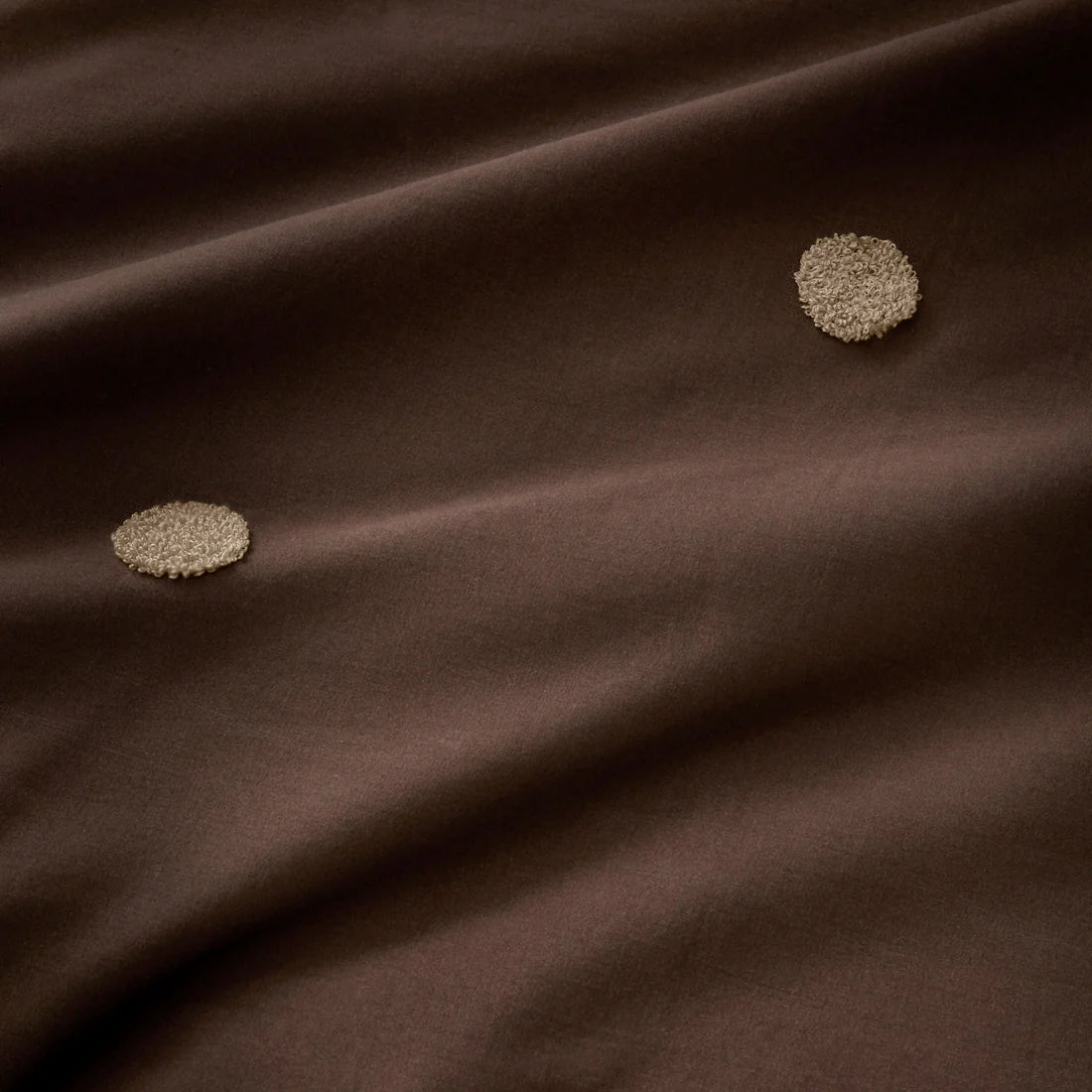 Appletree Dot Garden duvet cover set in chocolate with tufted polka dot detailing and 100% cotton fabric