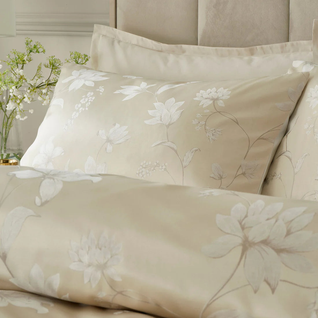 Soiree Lilly Floral Jacquard duvet cover set in champagne with elegant woven floral pattern and luxurious texture
