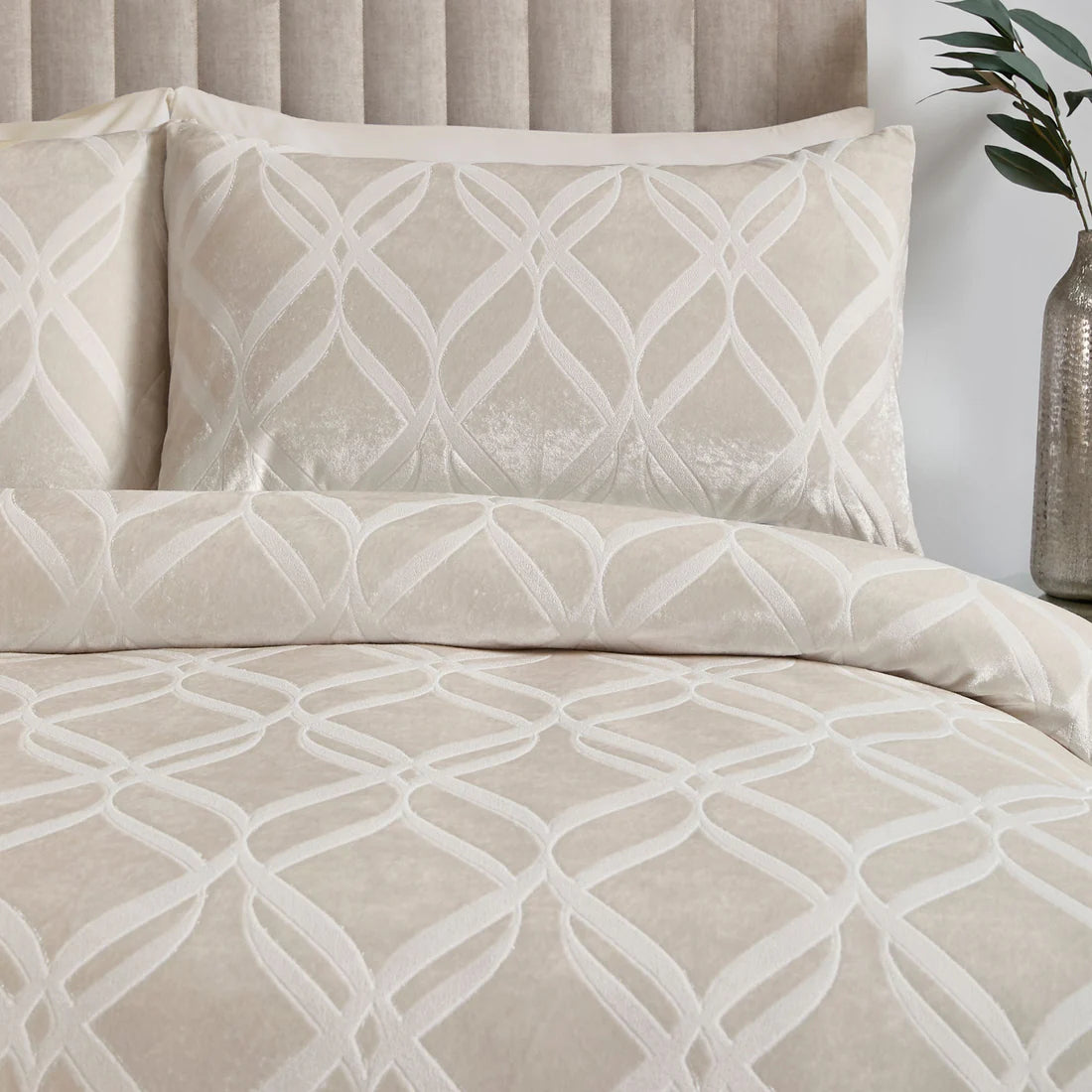 Soiree Belfort velvet duvet cover set in champagne with elegant woven ogee pattern