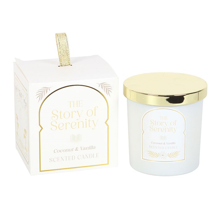 The Story of Serenity Coconut and Vanilla scented candle with elegant gift-ready packaging