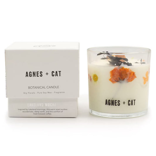 Agnes and Cat Lakeland Mocha botanical soy wax candle with coffee-inspired fragrance and dried florals