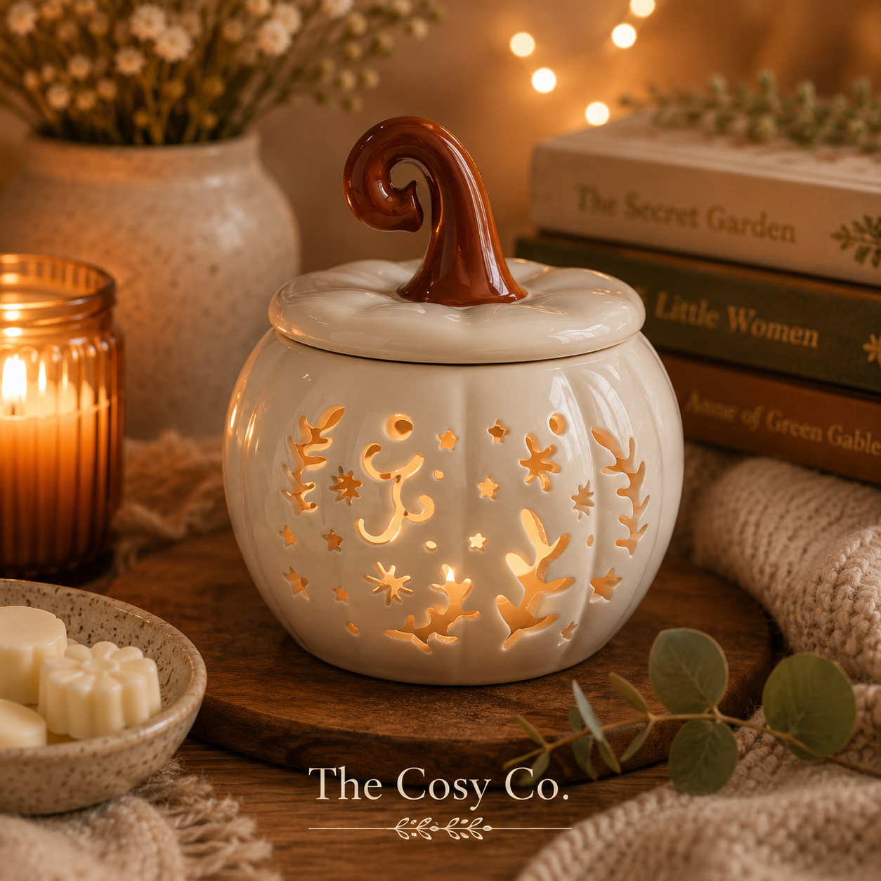 Cream Folk Pumpkin ceramic oil burner and wax warmer for autumn and Halloween home décor
