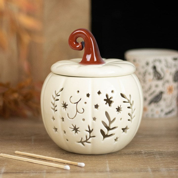 Cream Folk Pumpkin ceramic oil burner and wax warmer for autumn and Halloween home décor