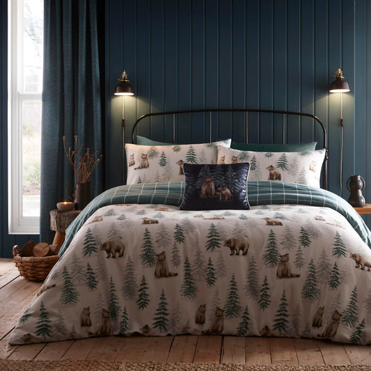 Dreams and Drapes Bear Walks duvet cover set with woodland bear brushed cotton bedding design