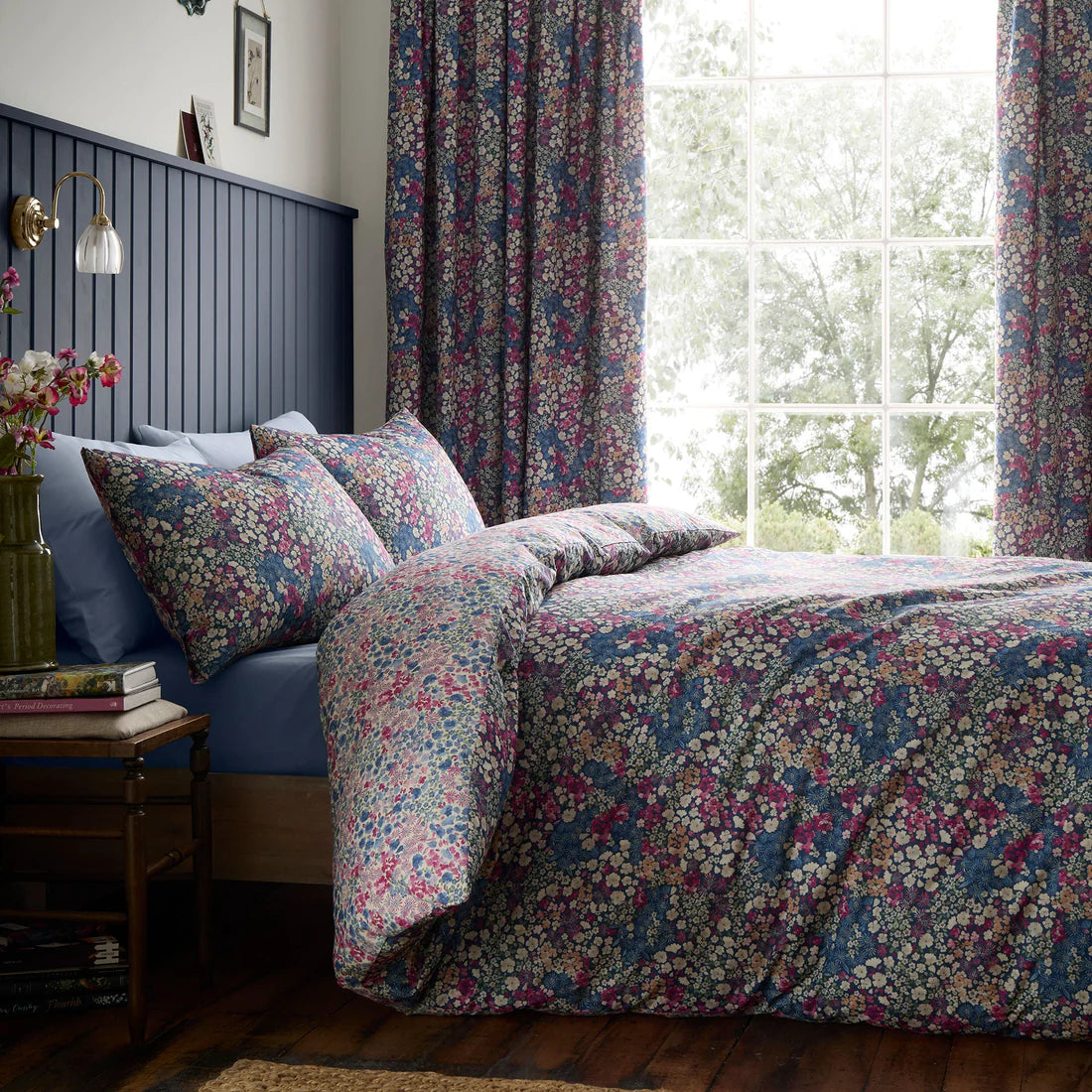 Dreams & Drapes Bessie duvet cover set in navy with ditsy floral print and reversible design