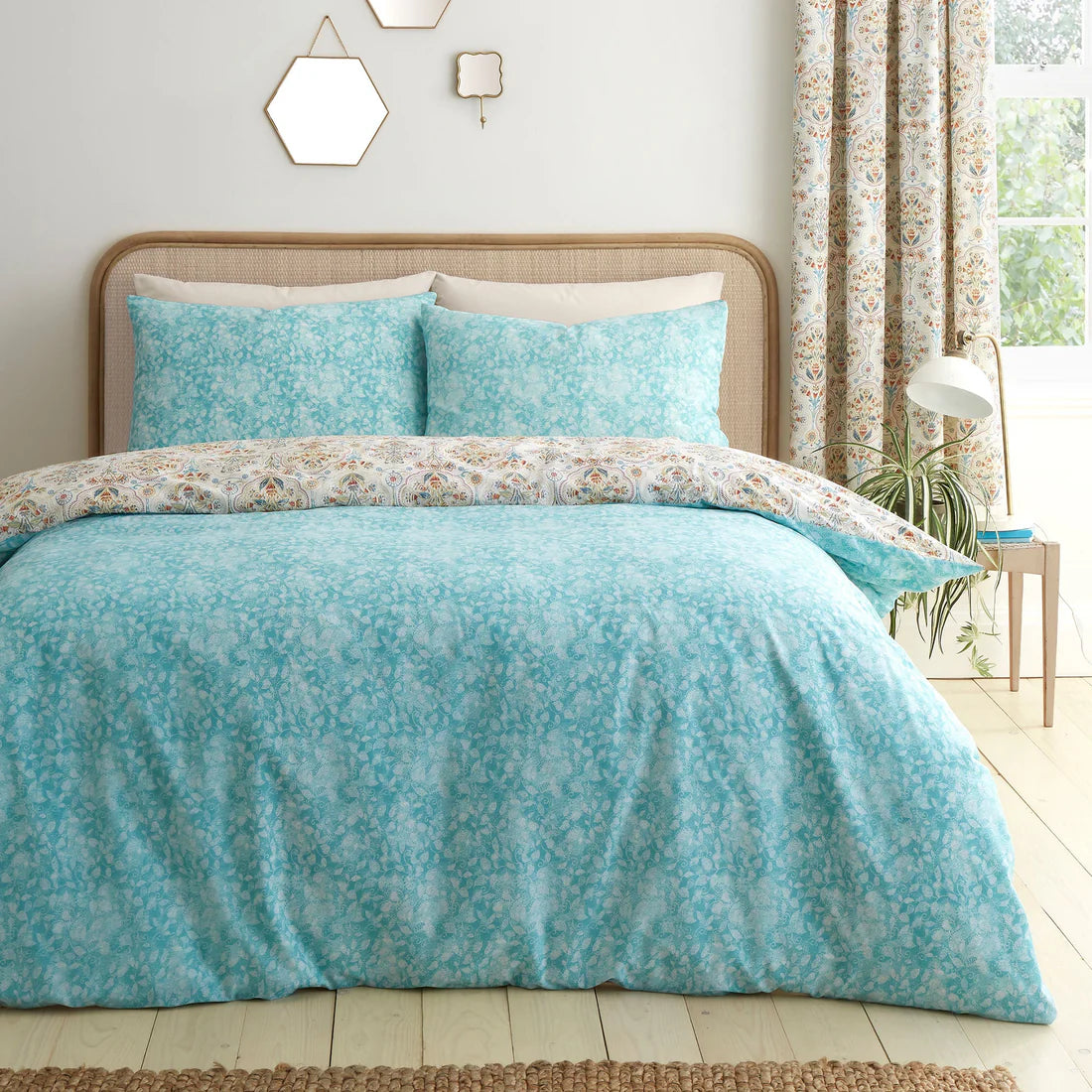 Dreams & Drapes Edena duvet cover set with elegant floral reversible bedding in natural tones