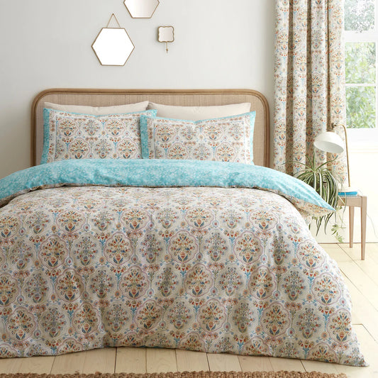 Dreams & Drapes Edena duvet cover set with elegant floral reversible bedding in natural tones