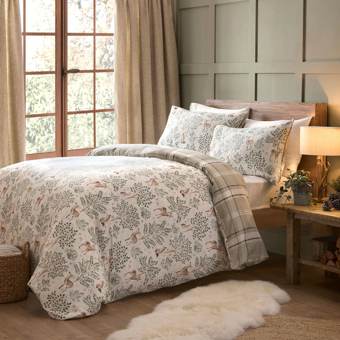 Dreams and Drapes Forest Animals duvet cover set with woodland animal watercolour design and brushed cotton fabric