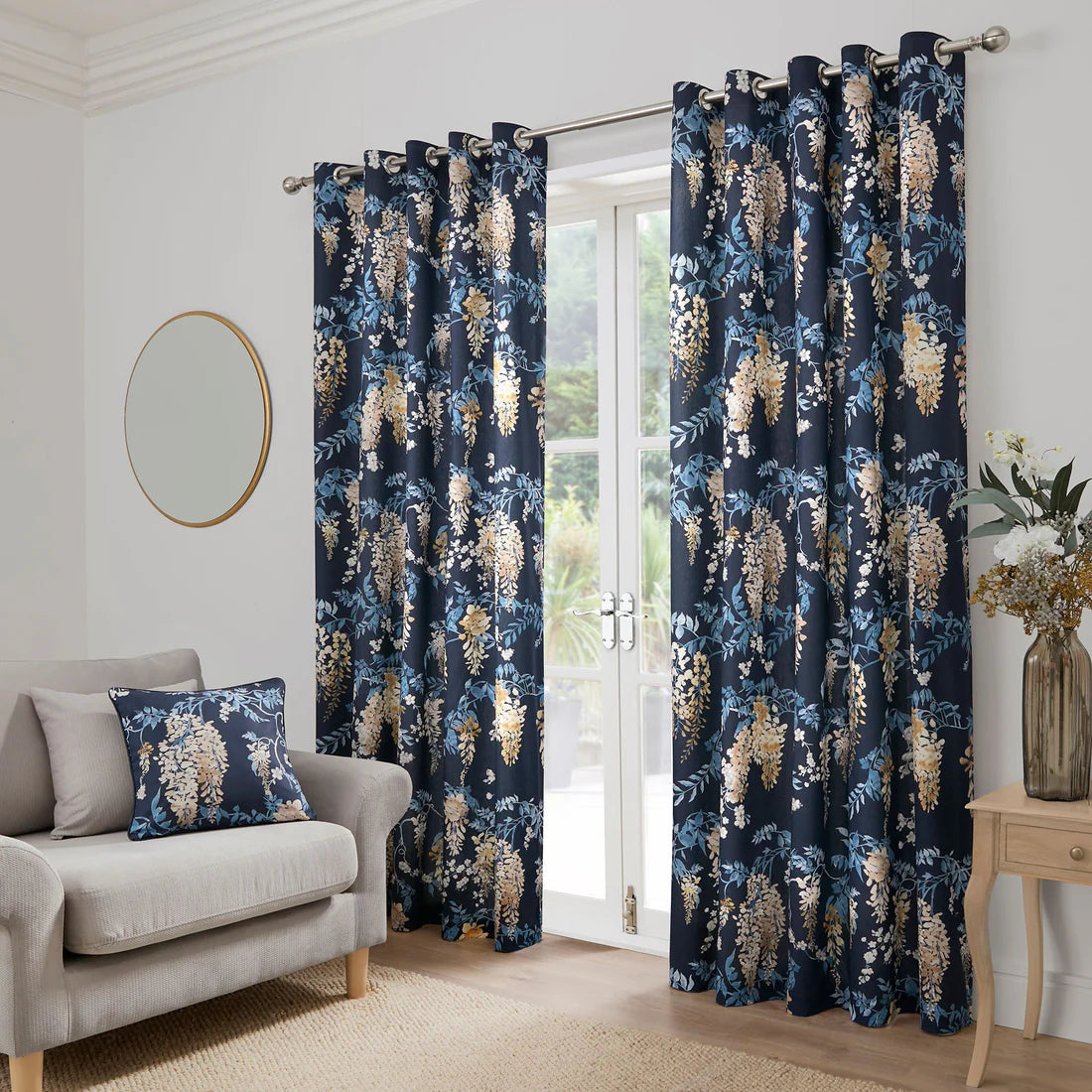Dreams and Drapes Wisteria eyelet curtains in navy with elegant cascading floral design