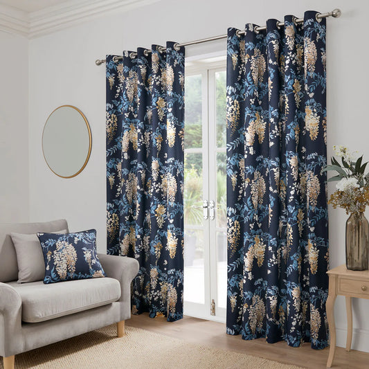 Dreams and Drapes Wisteria eyelet curtains in navy with elegant cascading floral design