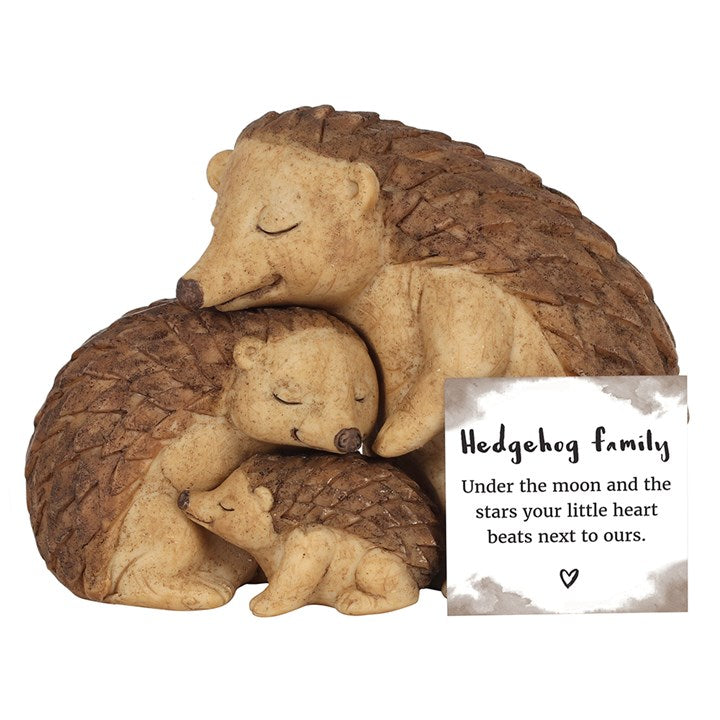 Hedgehog Family ornament featuring two parent hedgehogs and baby with sentimental family message card