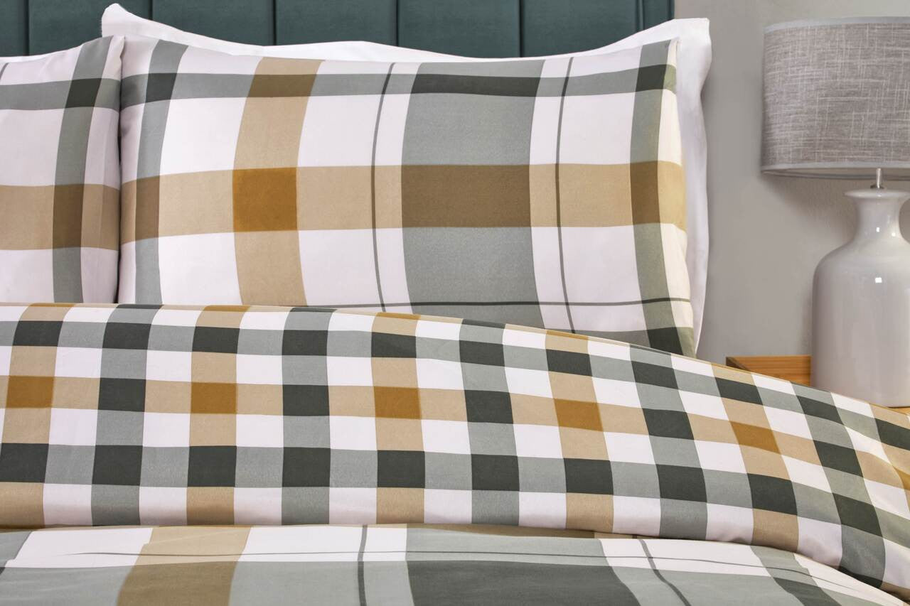 Mustard Check reversible duvet cover set with cosy plaid farmhouse bedding design