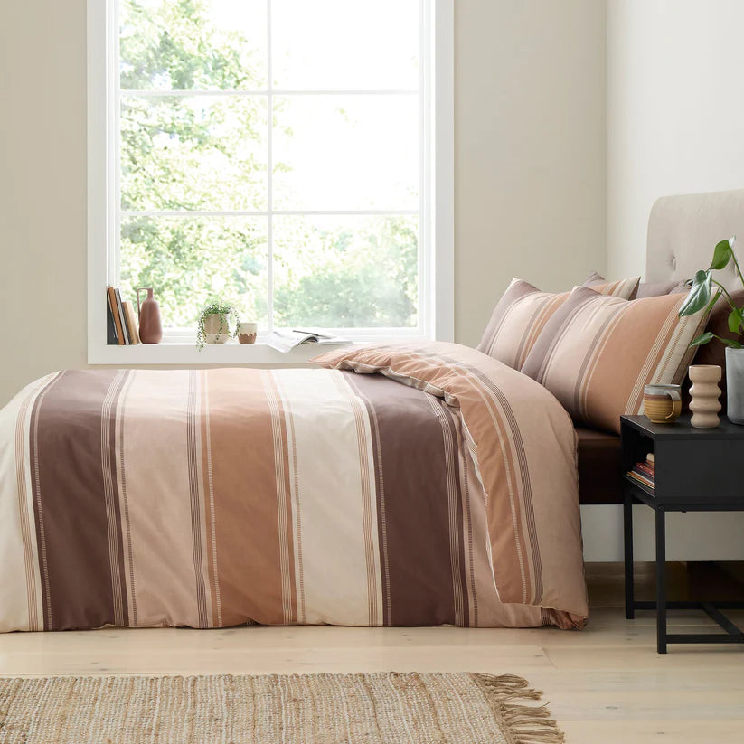 Fusion Betley stripe duvet cover set in natural tones with modern reversible bedding design