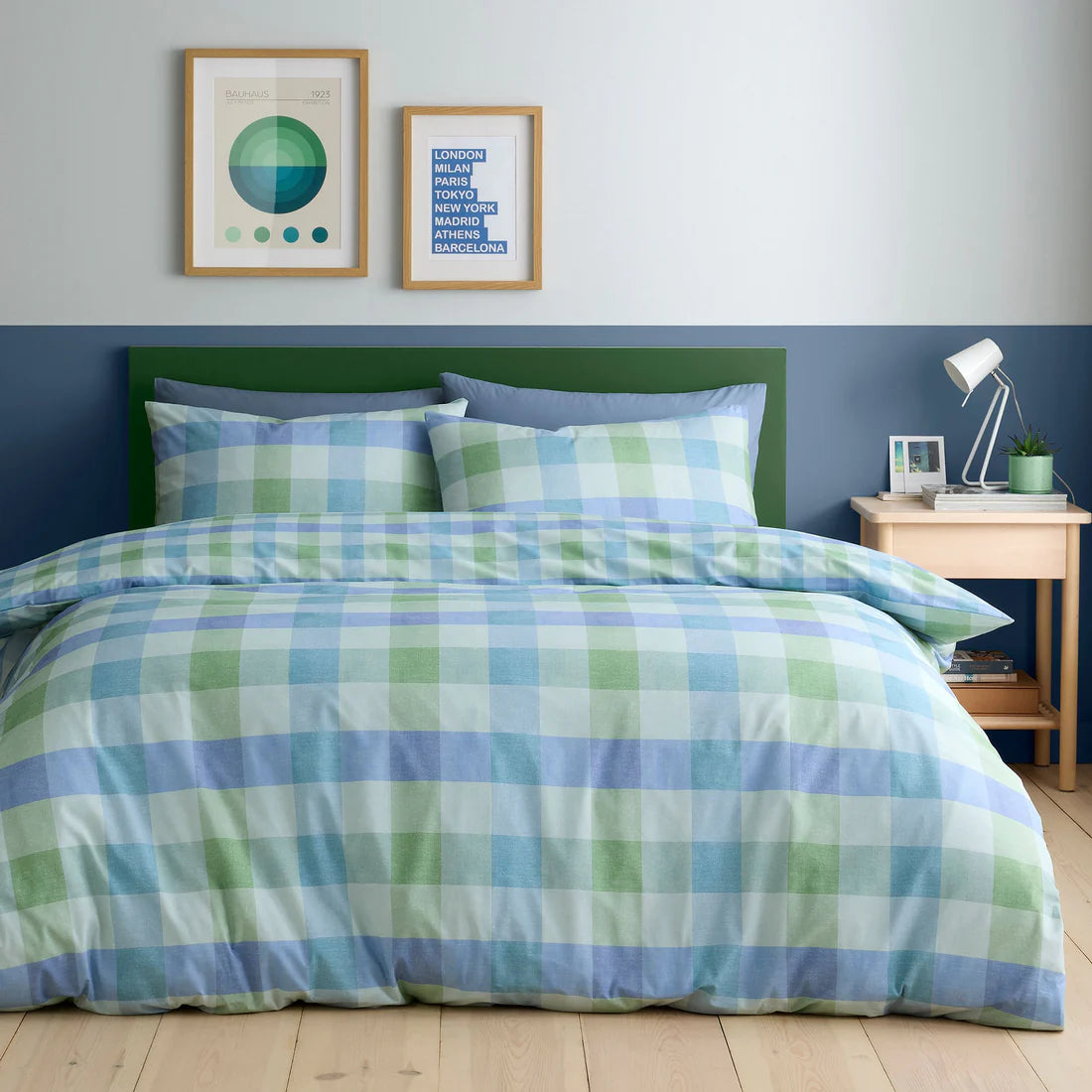 Fusion Block Check duvet cover set with oversized reversible blue and green check bedding