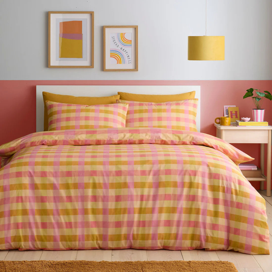 Fusion Block Check duvet cover set with oversized reversible orange and peach check bedding