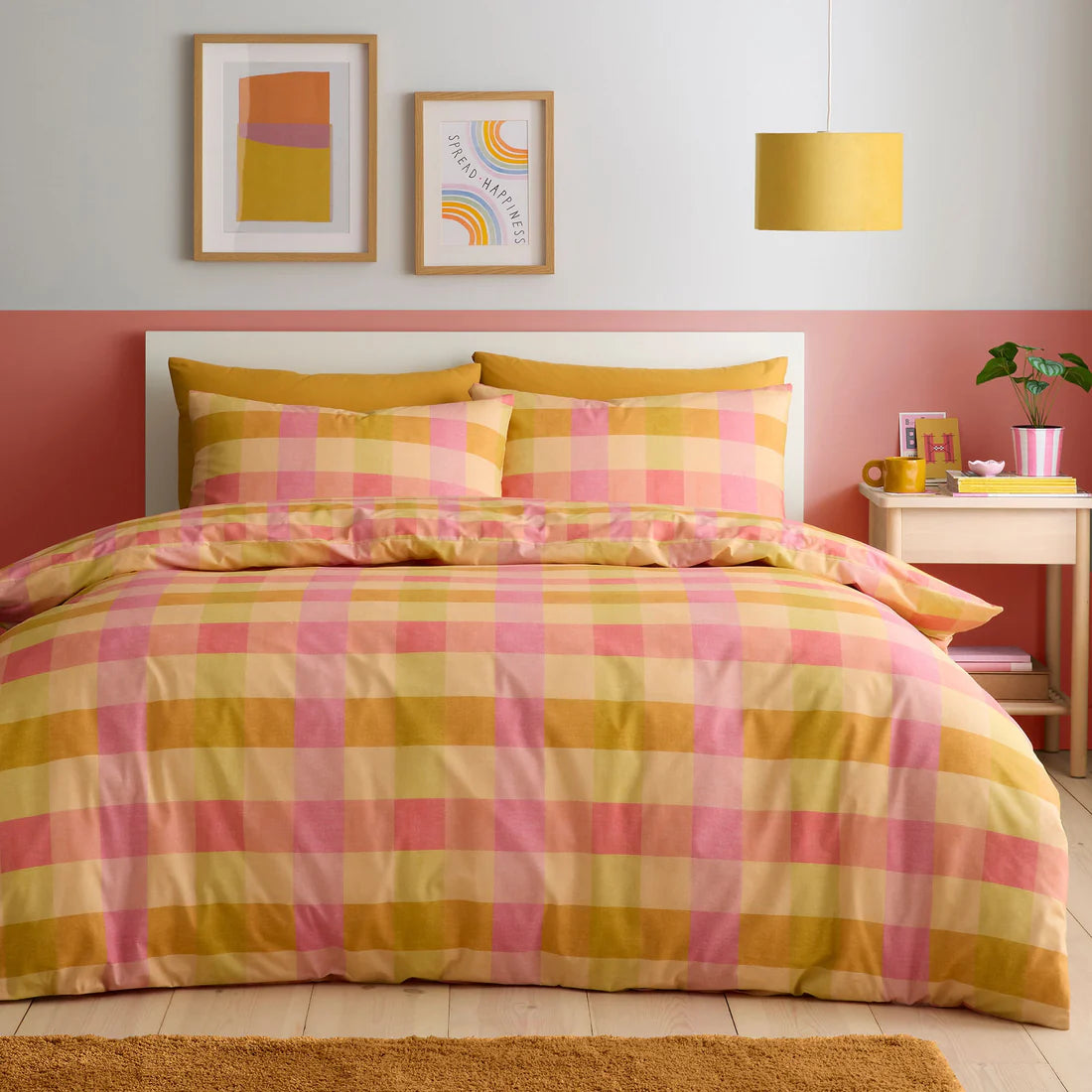 Fusion Block Check duvet cover set with oversized reversible orange and peach check bedding