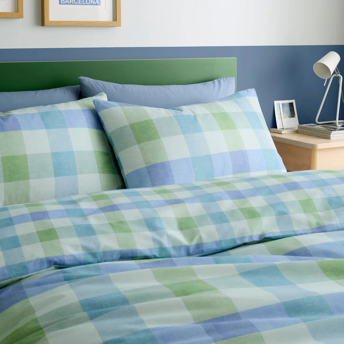 Fusion Block Check duvet cover set with oversized reversible blue and green check bedding