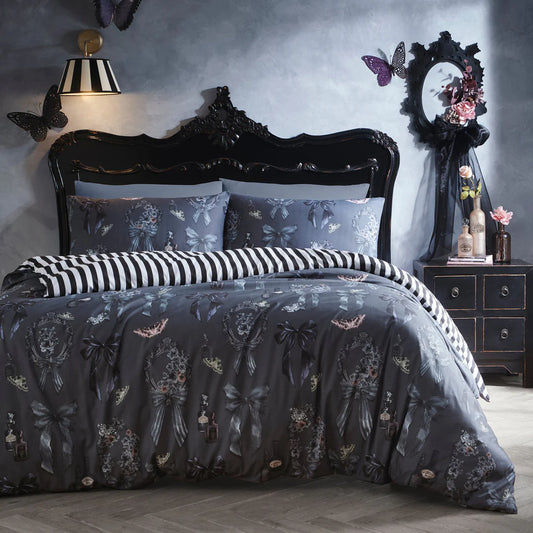 Fusion Bows Noir gothic bow duvet cover set with floral details and reversible striped grey bedding
