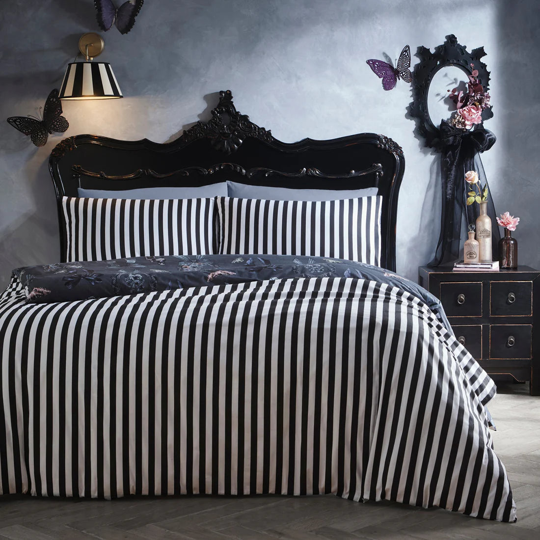 Fusion Bows Noir gothic bow duvet cover set with floral details and reversible striped grey bedding