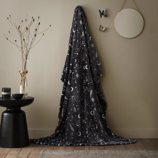 Fusion Celeste fleece throw in grey with celestial moon and star pattern design