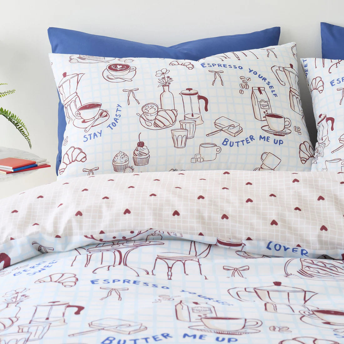 Fusion Coffee Club duvet cover set with coffee-inspired reversible café bedding in blue tones
