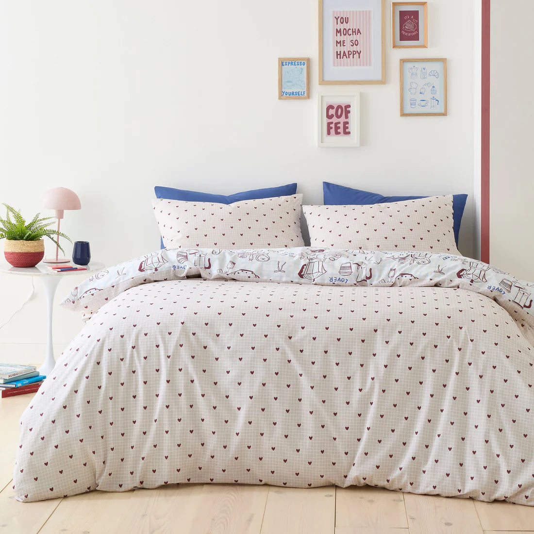 Fusion Coffee Club duvet cover set with coffee-inspired reversible café bedding in blue tones