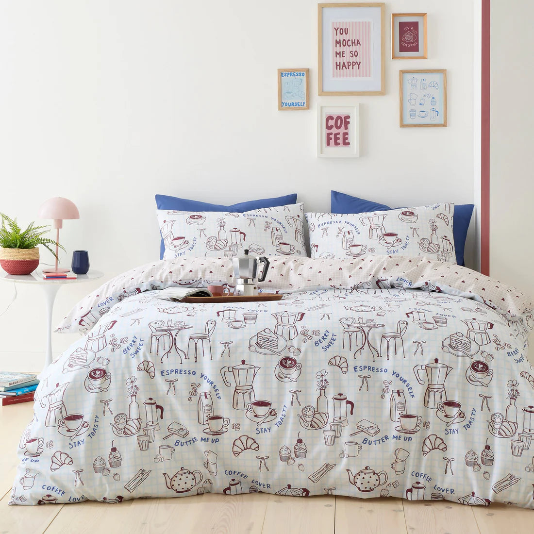 Fusion Coffee Club duvet cover set with coffee-inspired reversible café bedding in blue tones