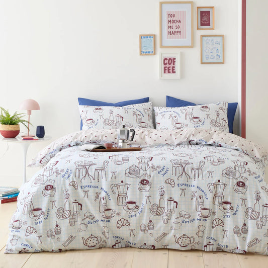 Fusion Coffee Club duvet cover set with coffee-inspired reversible café bedding in blue tones