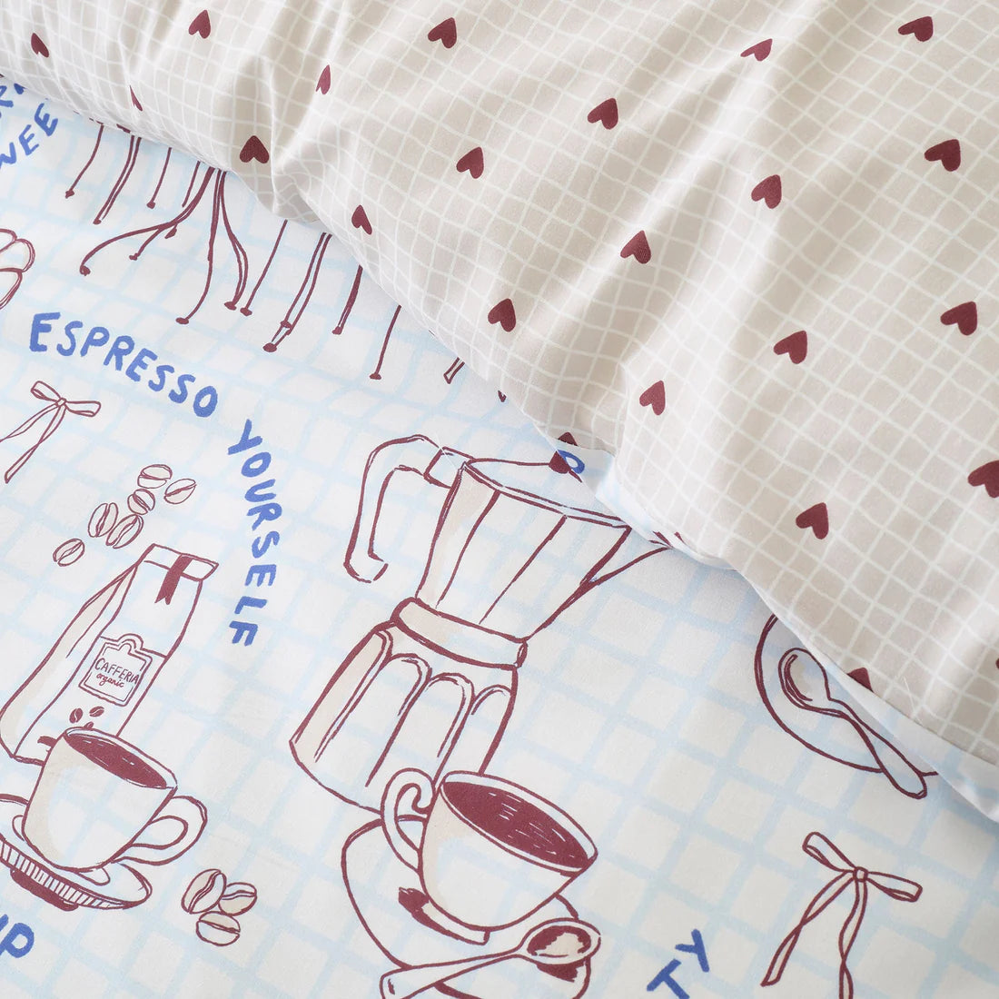 Fusion Coffee Club duvet cover set with coffee-inspired reversible café bedding in blue tones