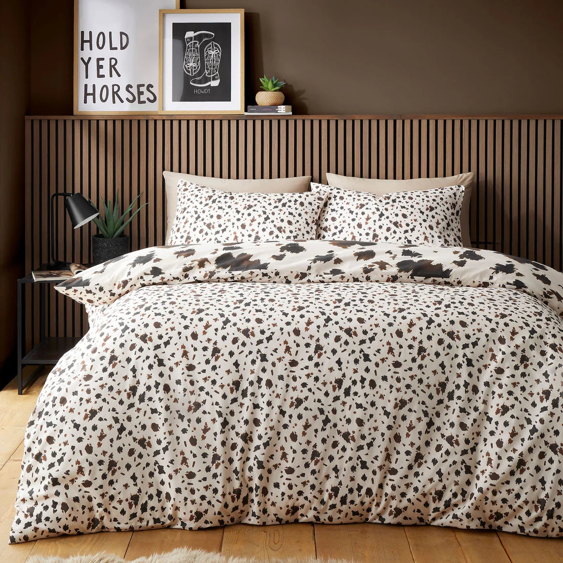 Fusion Cow Print duvet cover set with reversible cowhide pattern bedding in natural tones