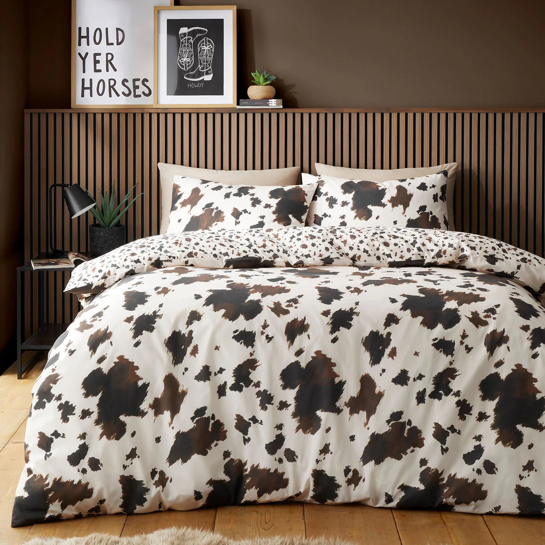 Fusion Cow Print duvet cover set with reversible cowhide pattern bedding in natural tones
