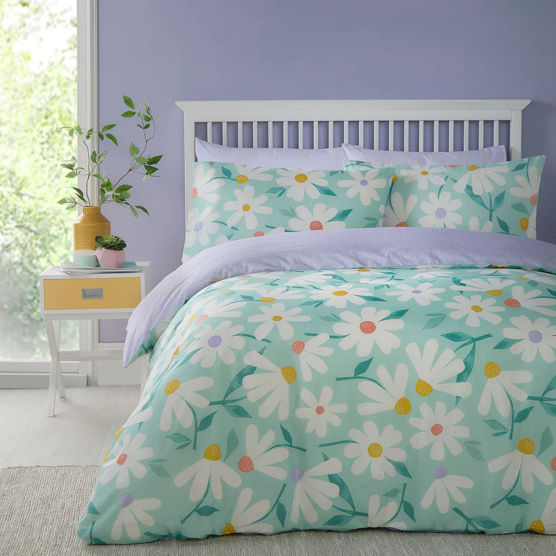 Fusion Daisy duvet cover set with playful floral reversible bedding in duck egg tones