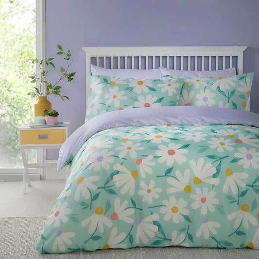 Fusion Daisy duvet cover set with playful floral reversible bedding in duck egg tones