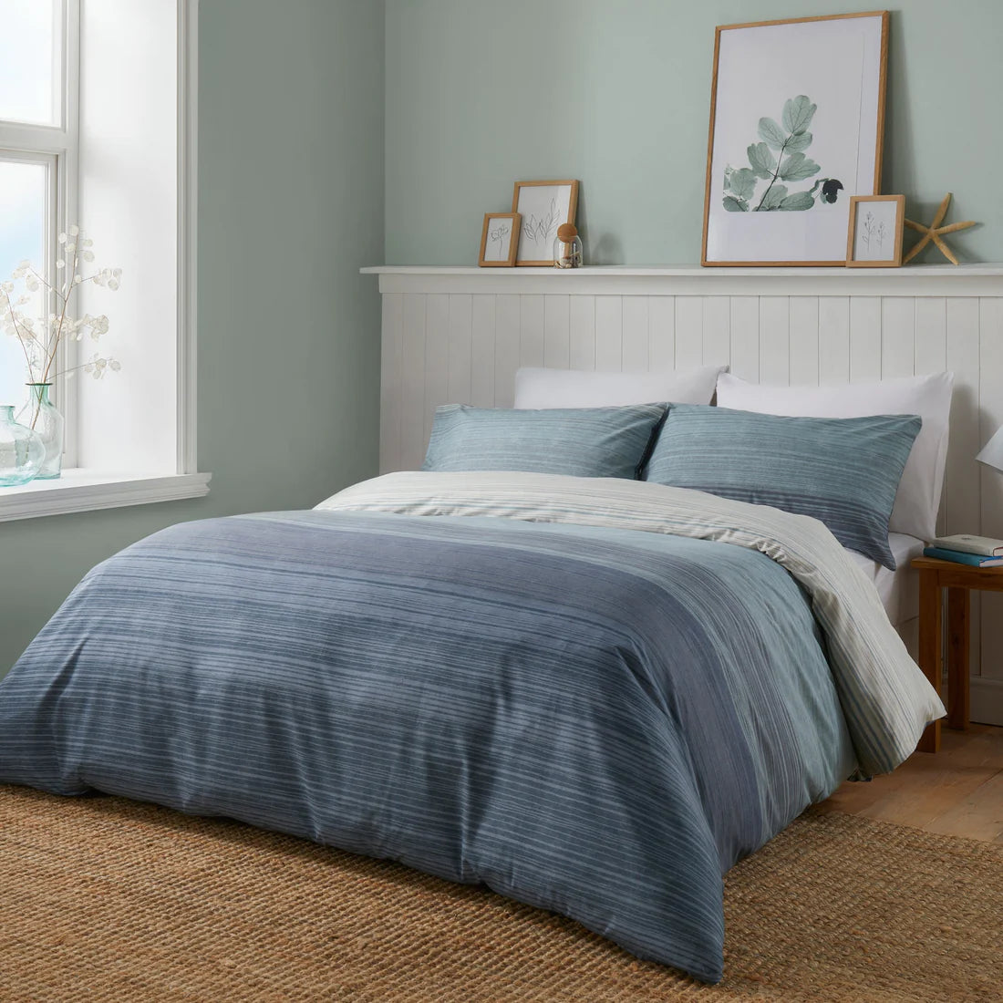 Fusion Fairhaven duvet cover set in blue featuring contemporary ombre stripe design and soft polycotton fabric