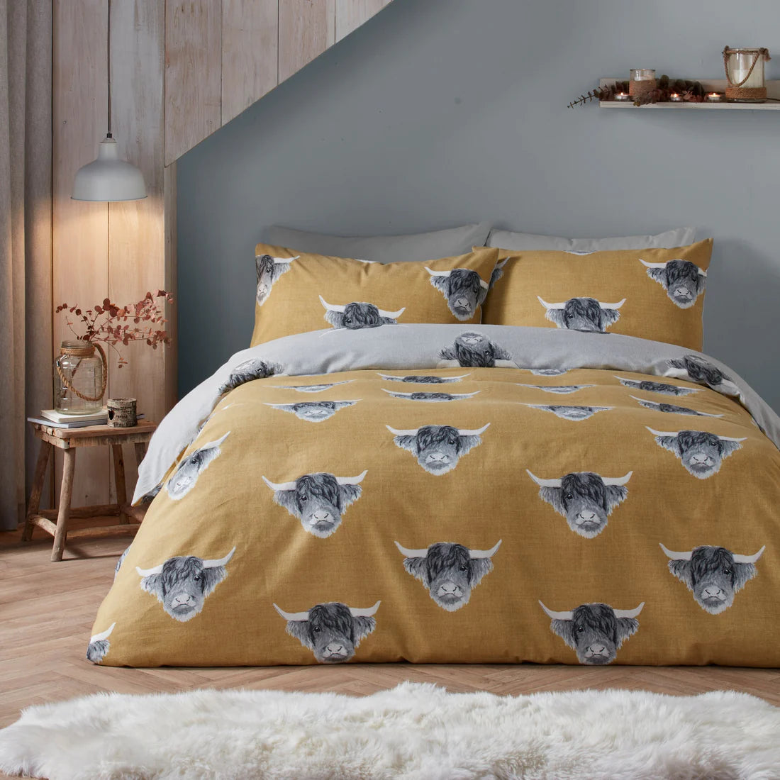 Fusion Highland Cow duvet cover set in ochre with soft brushed fabric and countryside-inspired design